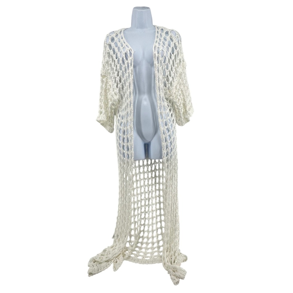 Crochet Open Knit Long Cardigan Kimono Women One Size White Boho Coastal Italy